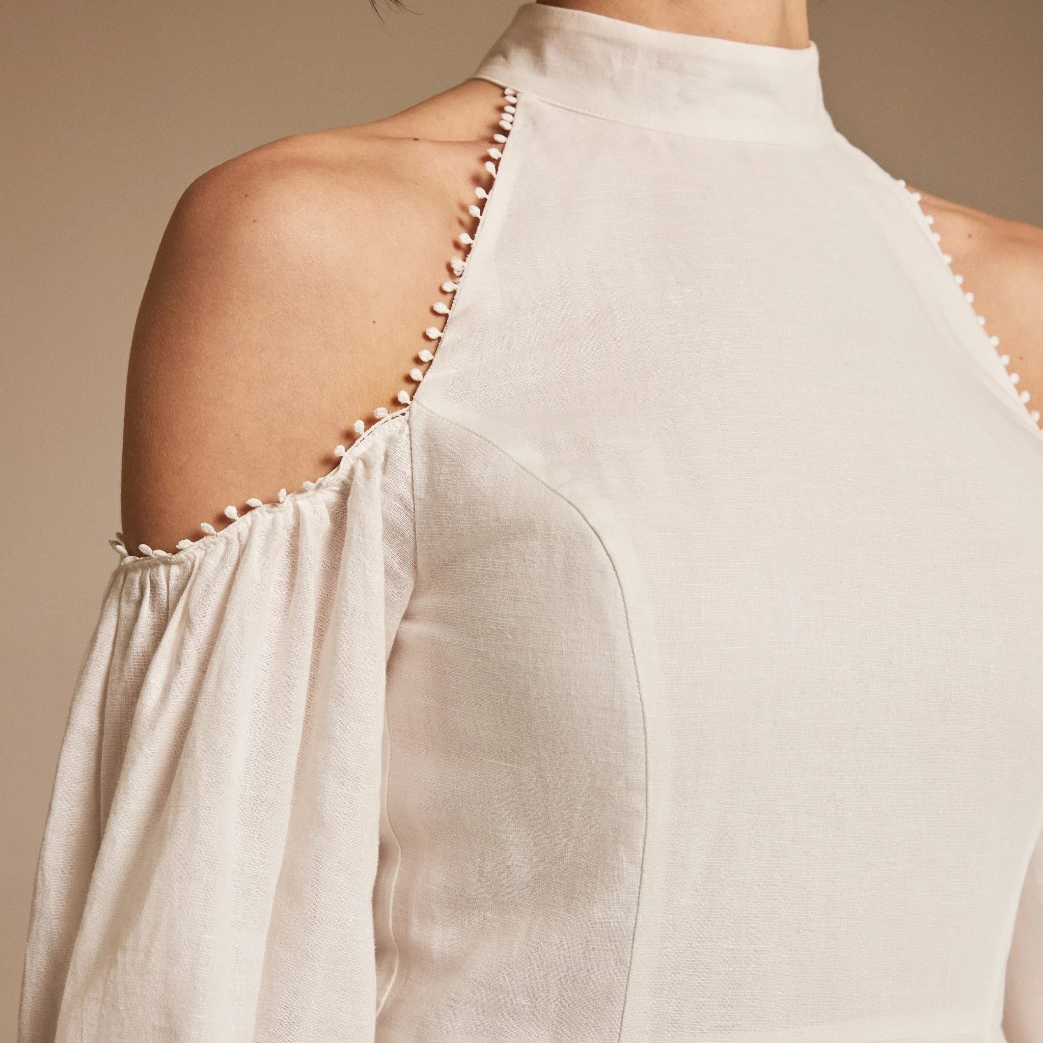 Off White Cold Shoulder Long Poet Sleeve Midi Dress - Image 3