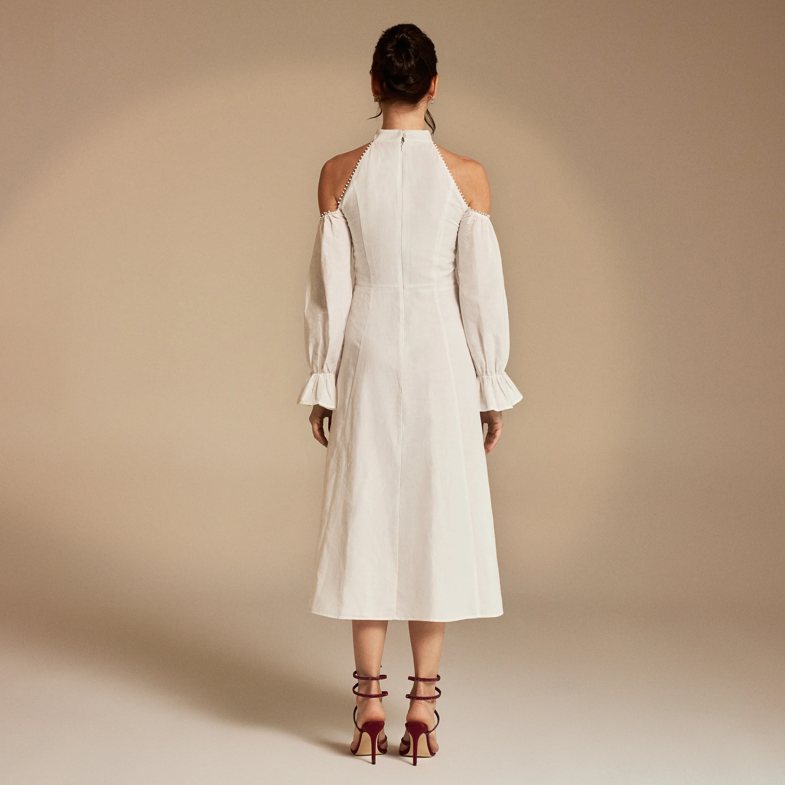Off White Cold Shoulder Long Poet Sleeve Midi Dress - Image 4