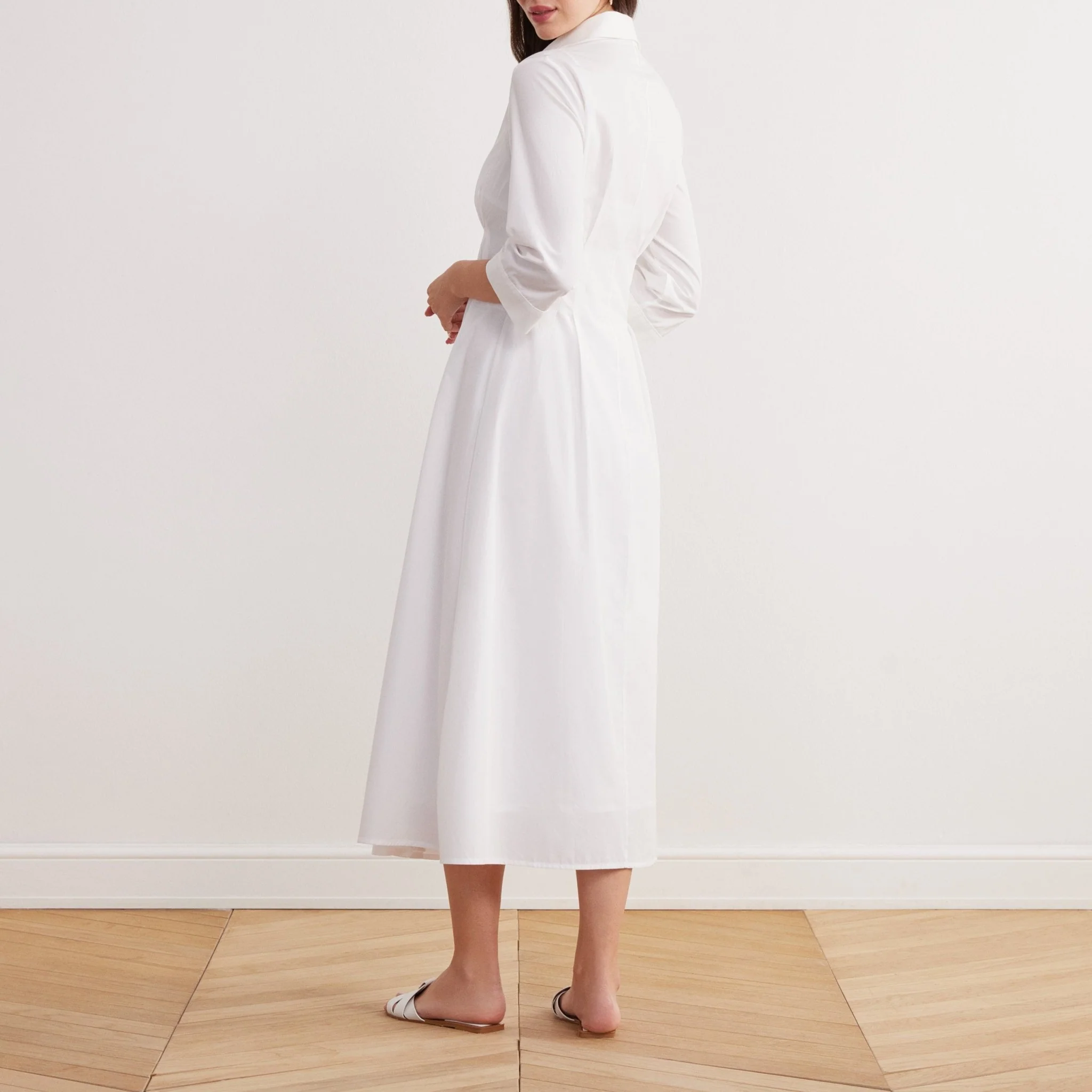 Cotton Collared 3/4-Sleeved Midi Shirt Dress - Image 3