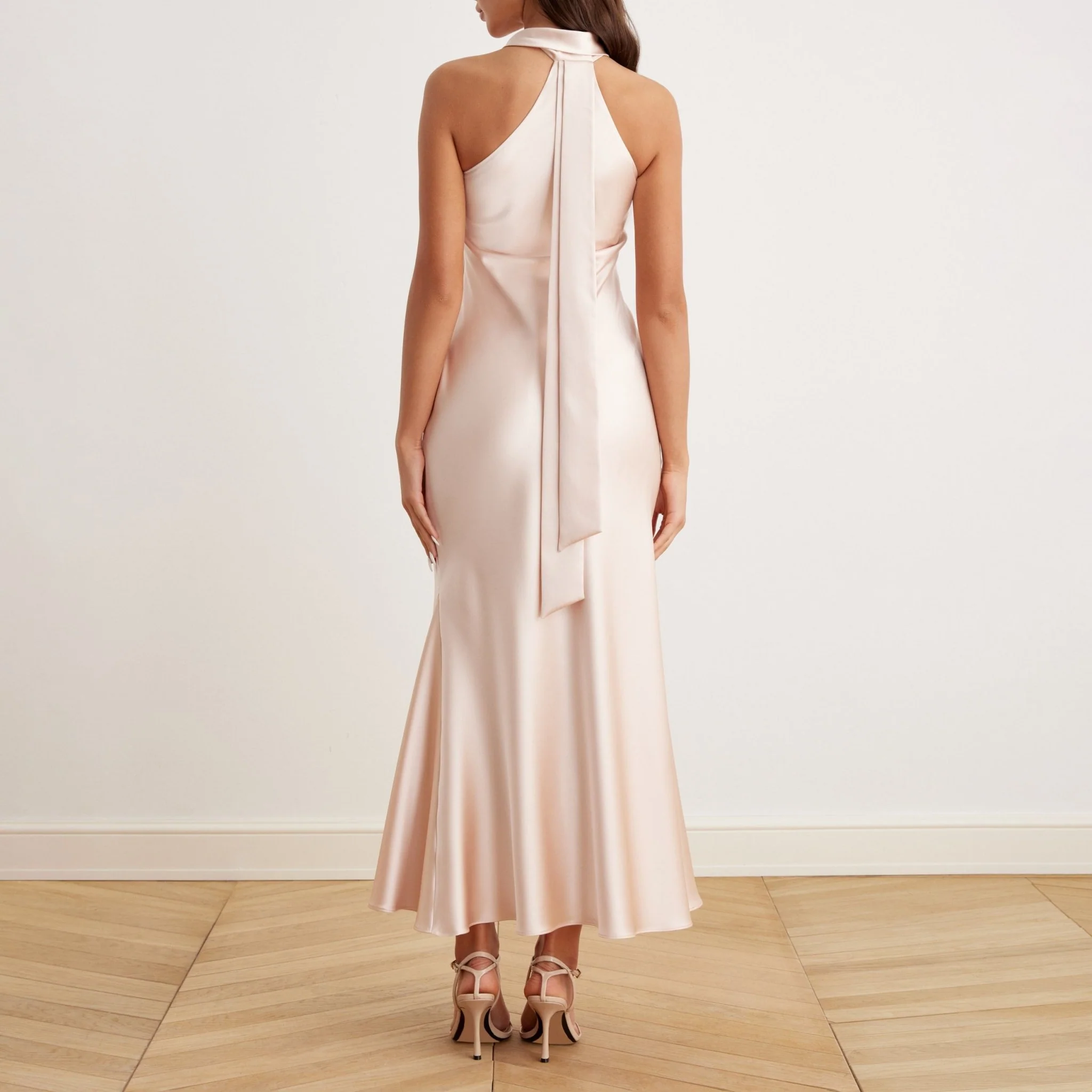 Beige Criss Cross Halter Satin Maxi Dress - Image 3