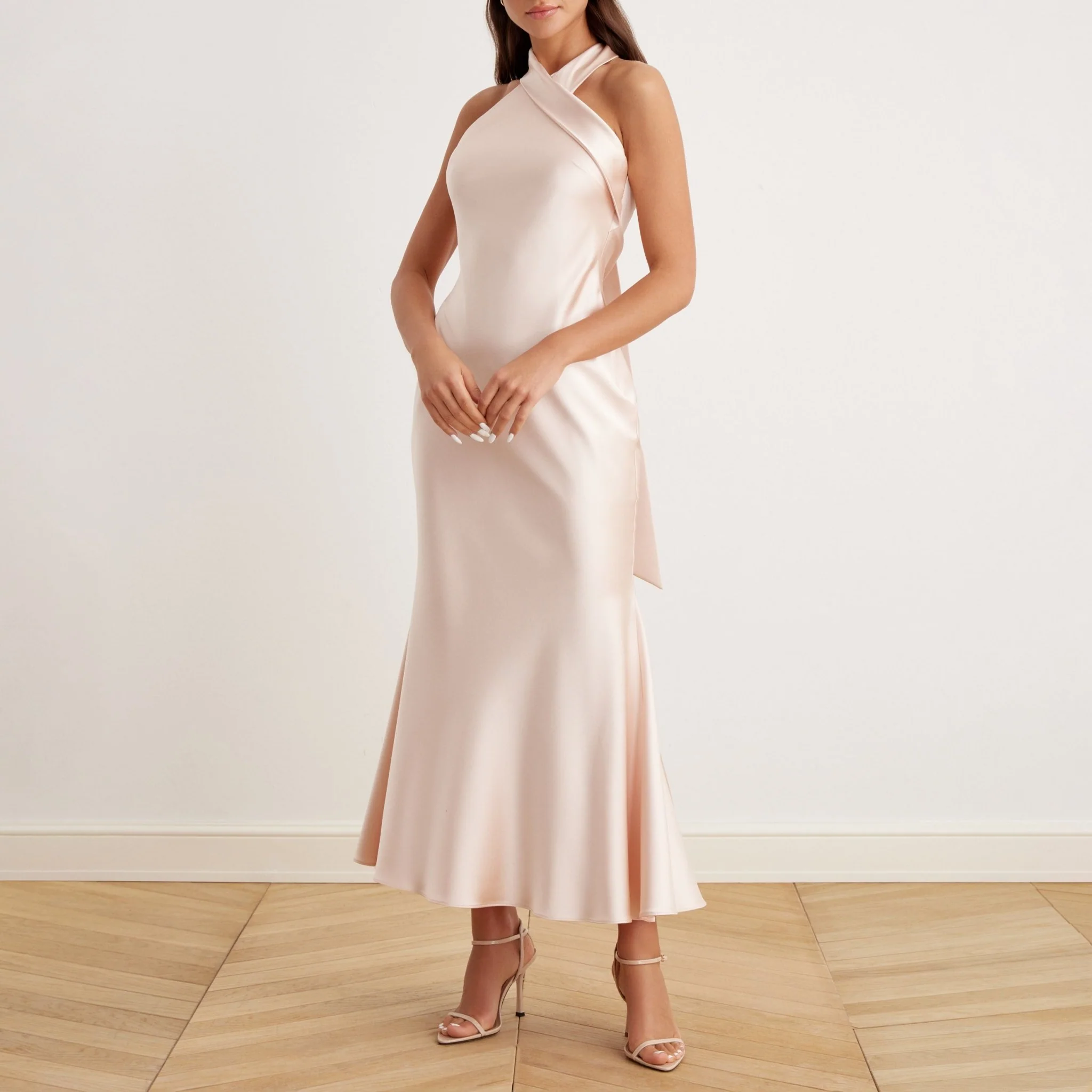 Beige Criss Cross Halter Satin Maxi Dress - Image 4