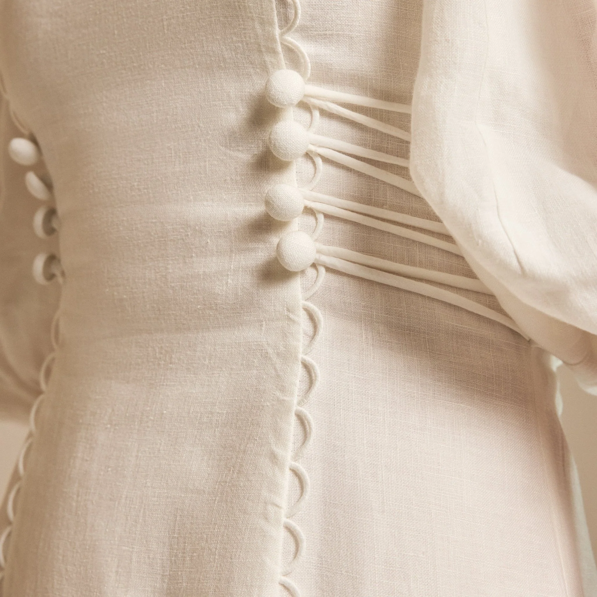 Off White Crew Neck Balloon Sleeve Midi Dress - Image 3