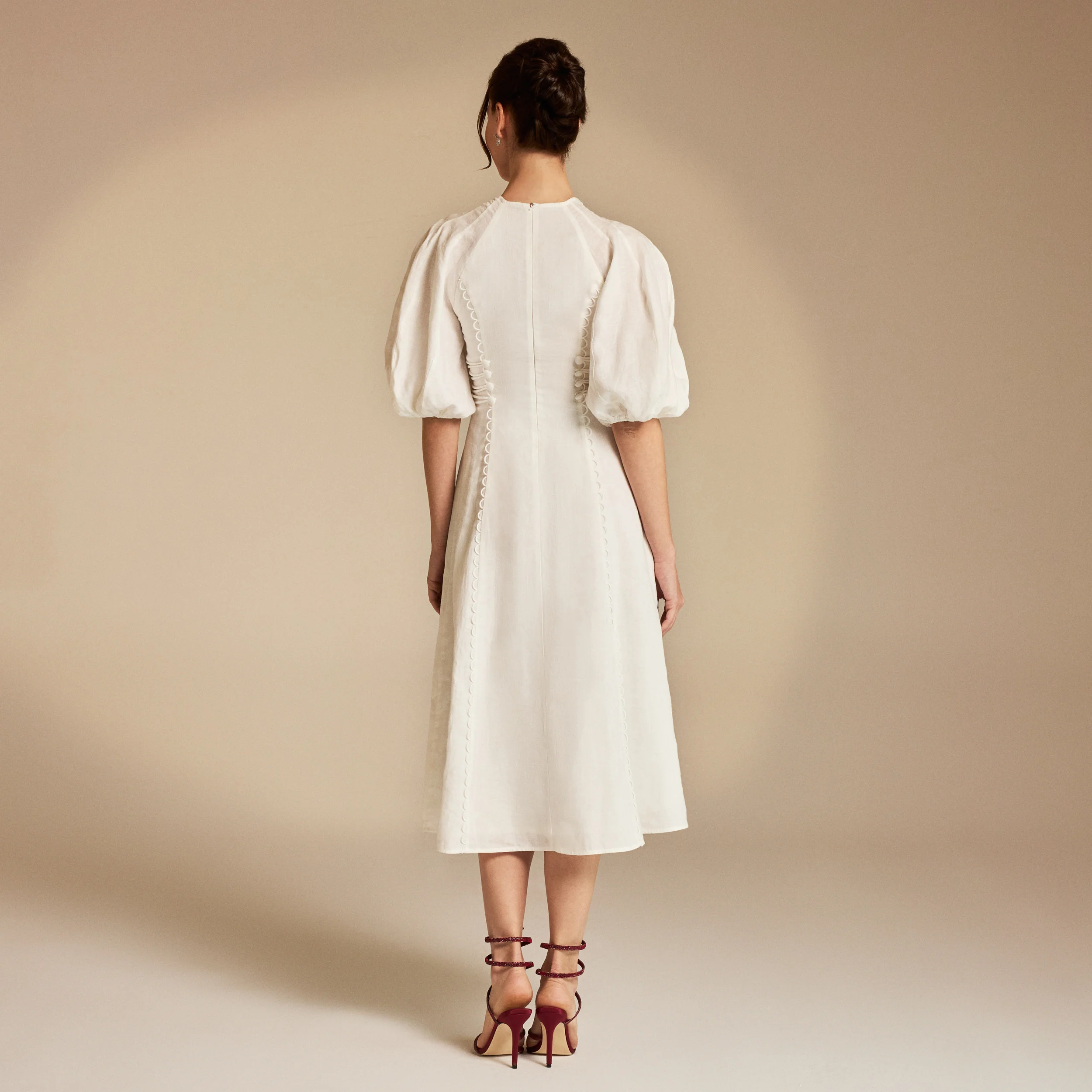 Off White Crew Neck Balloon Sleeve Midi Dress - Image 4