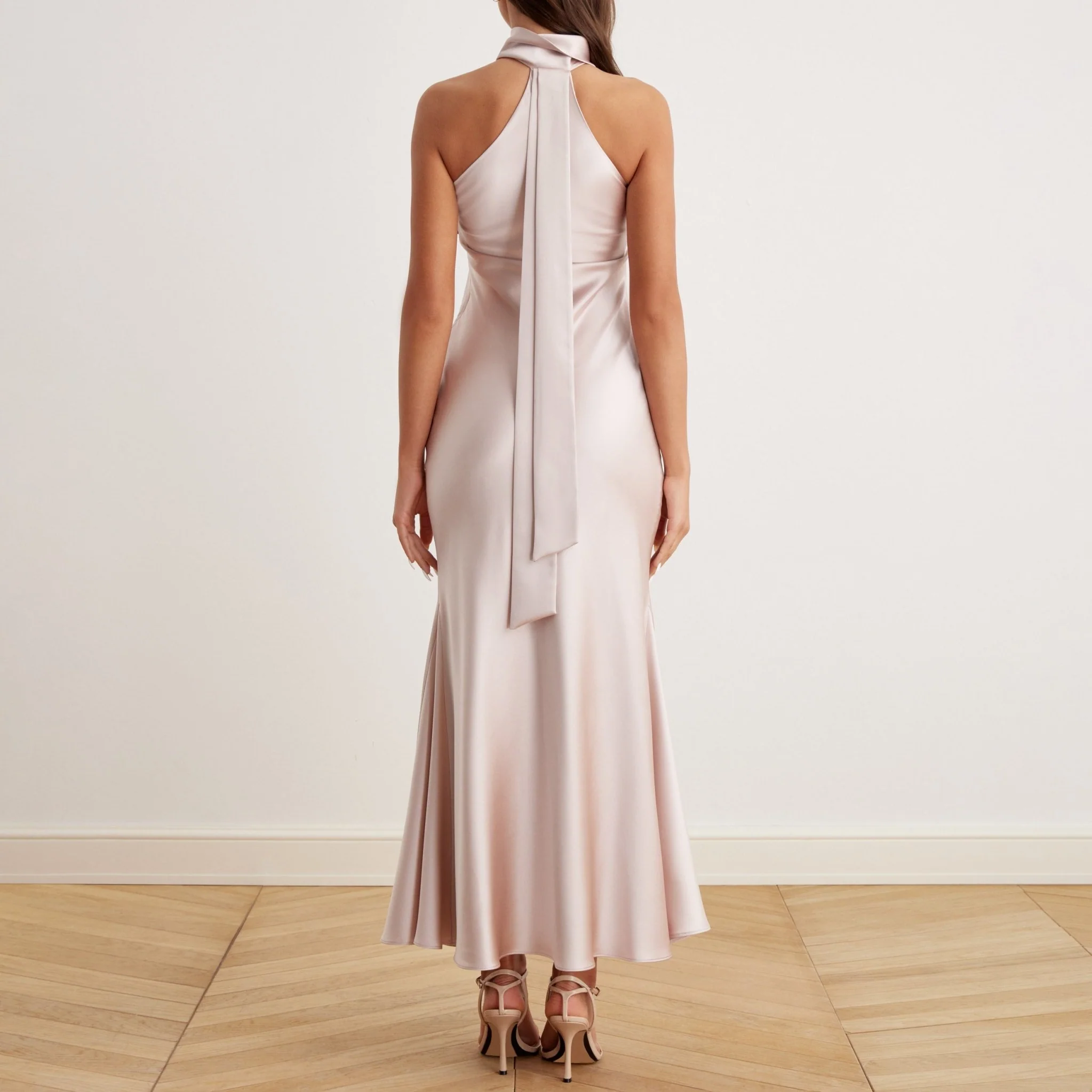 Nude Criss Cross Halter Satin Maxi Dress Light Taupe - Image 3