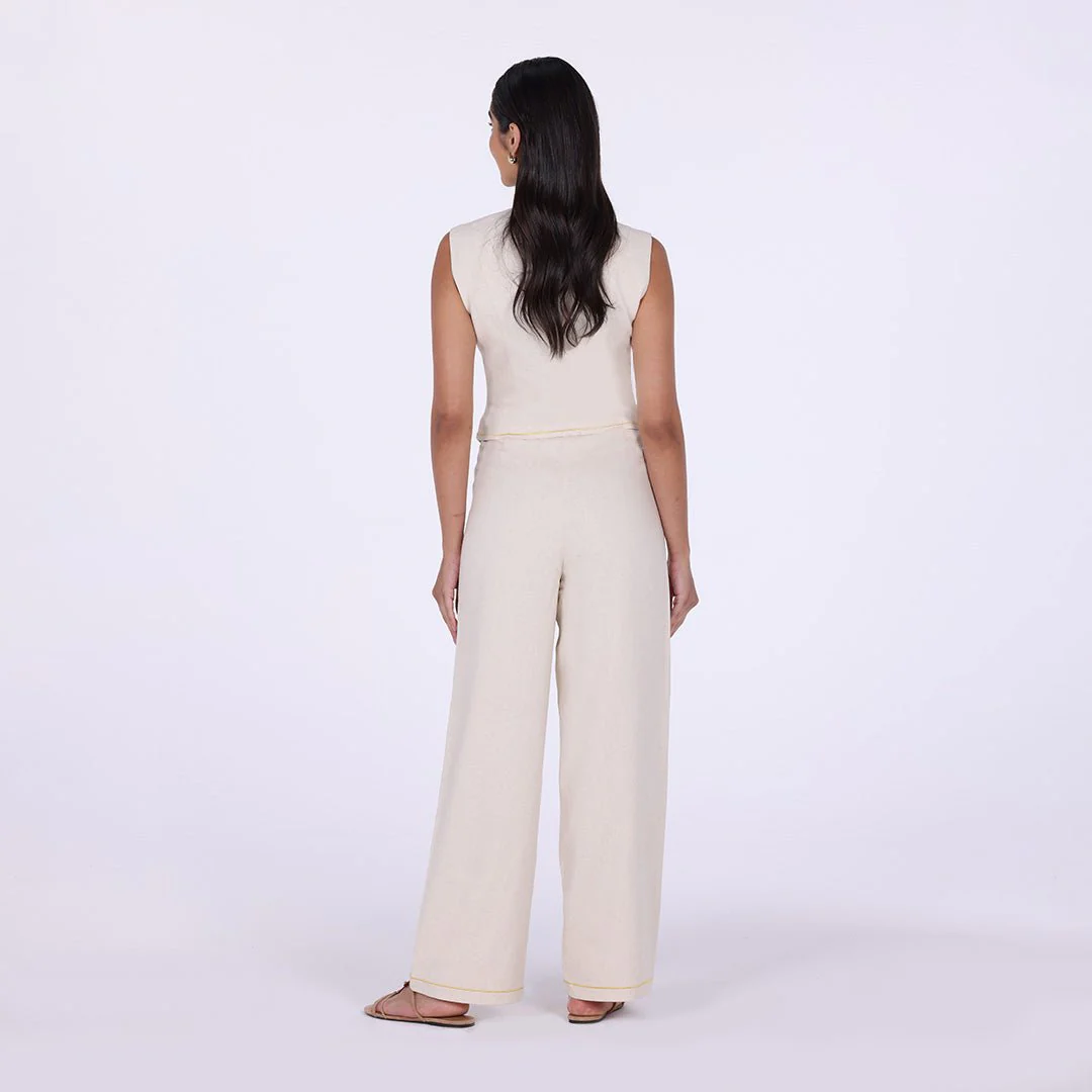Beige Embroidered Linen Wide Leg Pants - Image 4