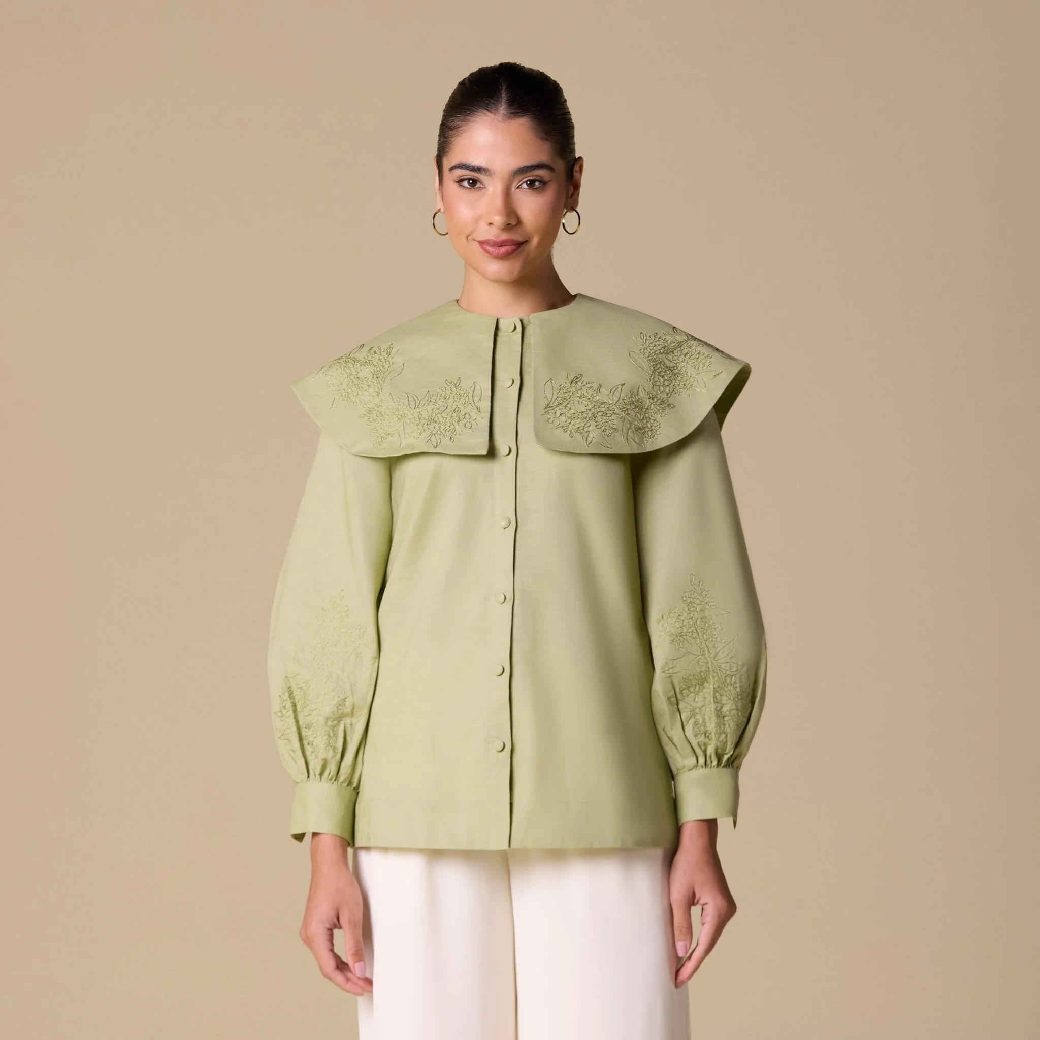 Embroidered Puff Sleeve Linen Top - Image 4