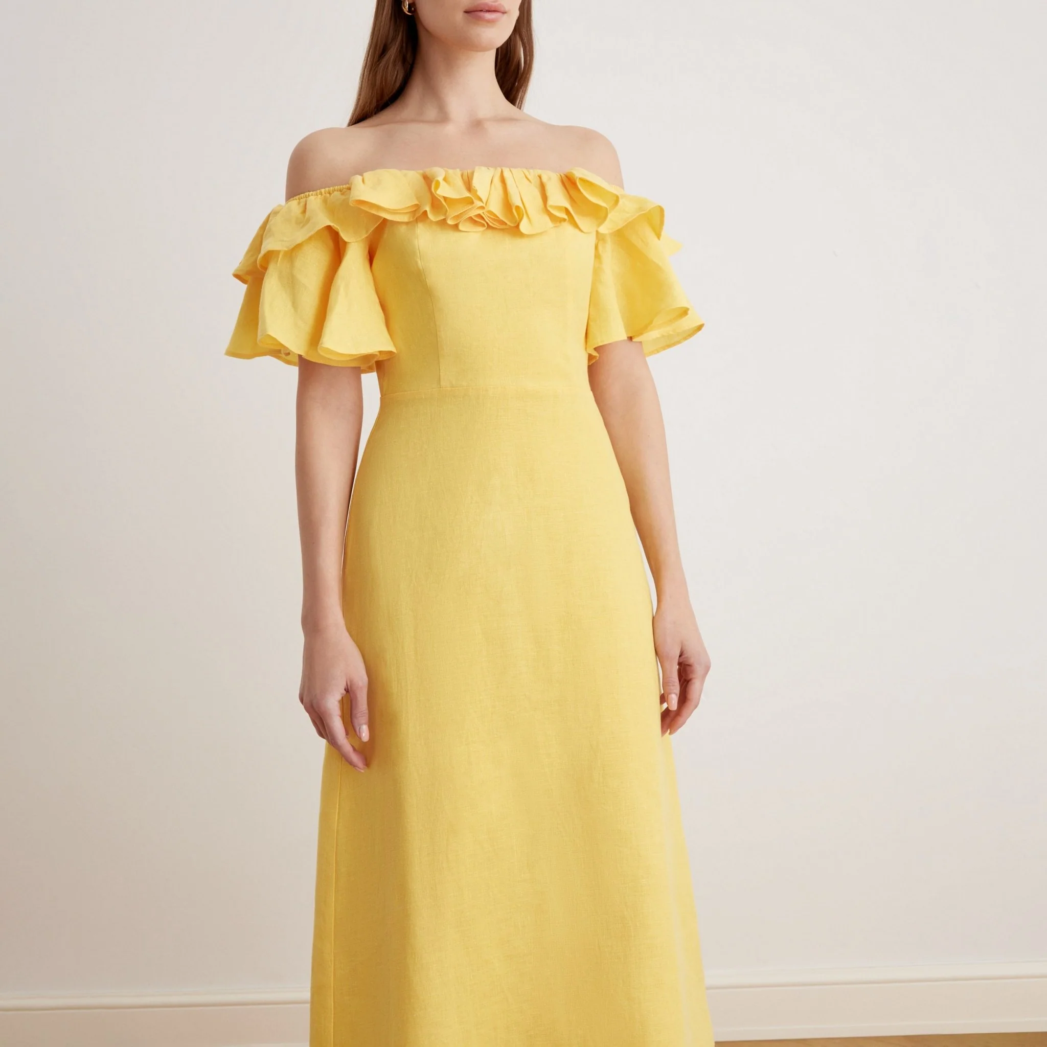 Frill Off Shoulder Midi Dress in Linen - Image 6