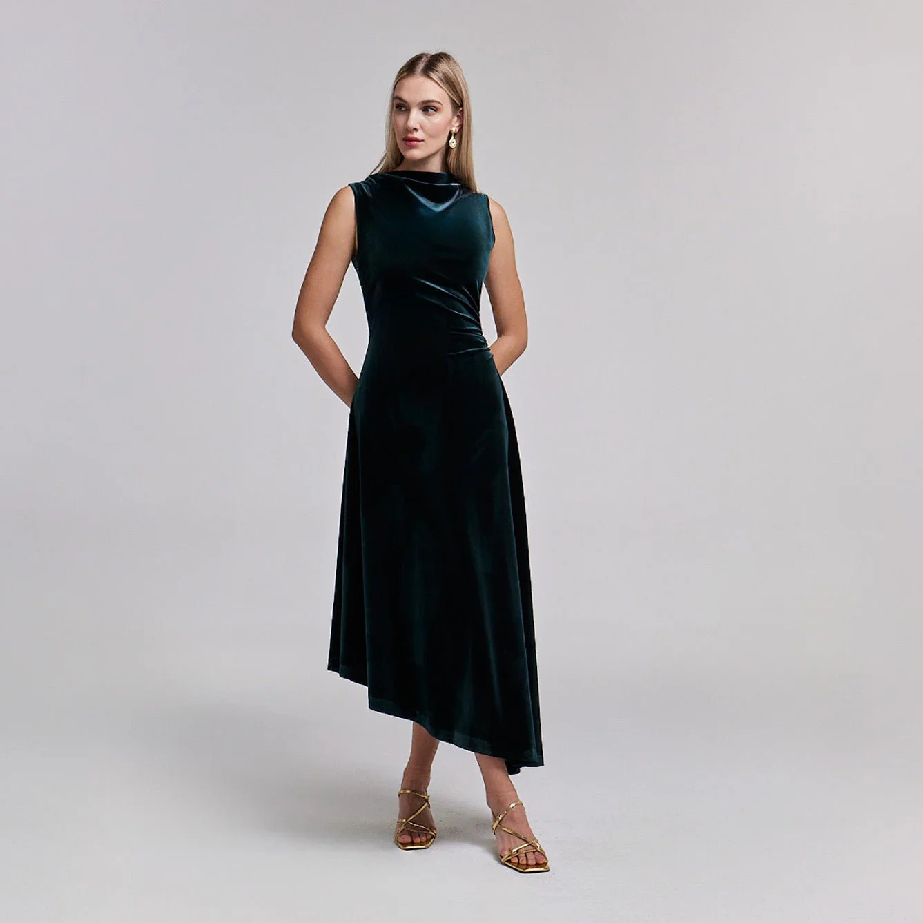Green Velvet Midi Dress With Asymmetric Skirt - Image 4