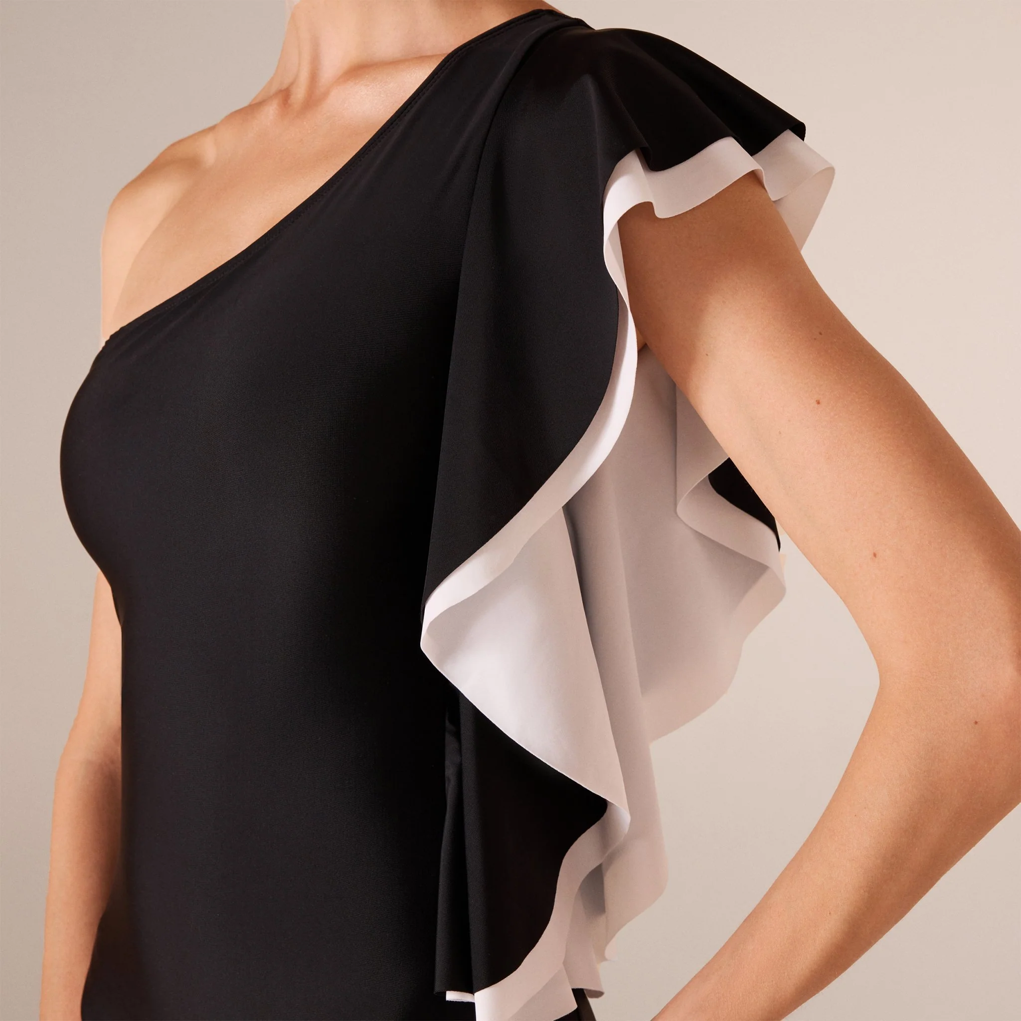 Black One Shoulder Swimsuit with Ruffles - Image 4