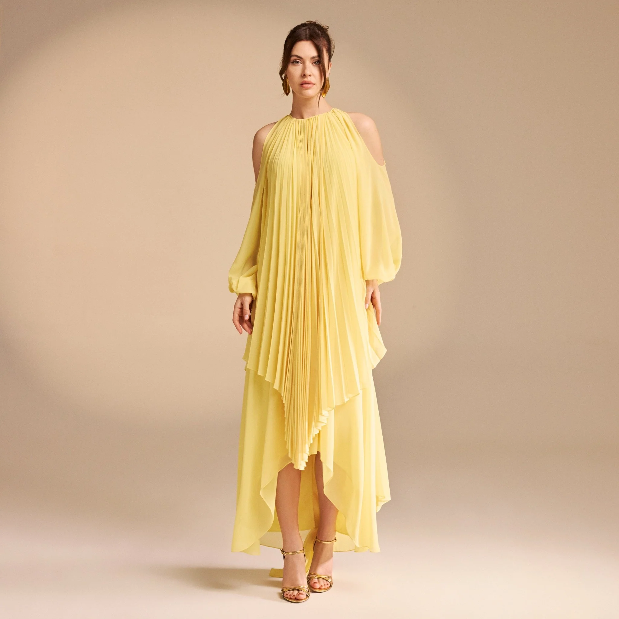 Poet Shoulder Pleated Long Sleeve Chiffon Dress - Image 6