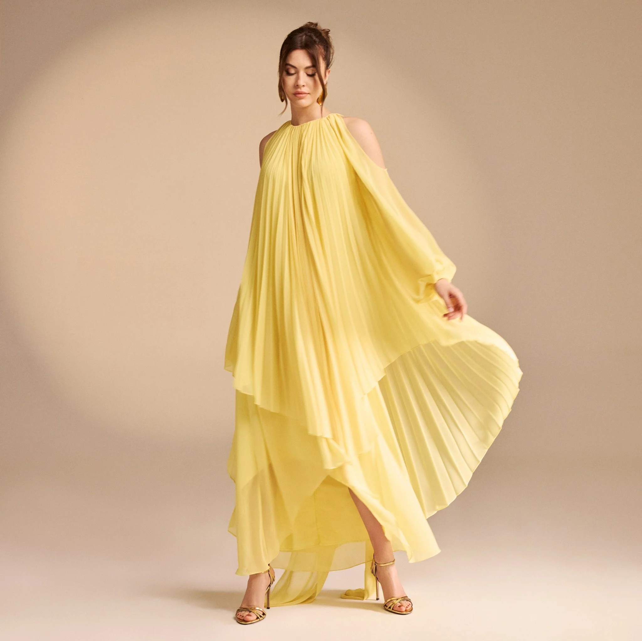 Poet Shoulder Pleated Long Sleeve Chiffon Dress - Image 7