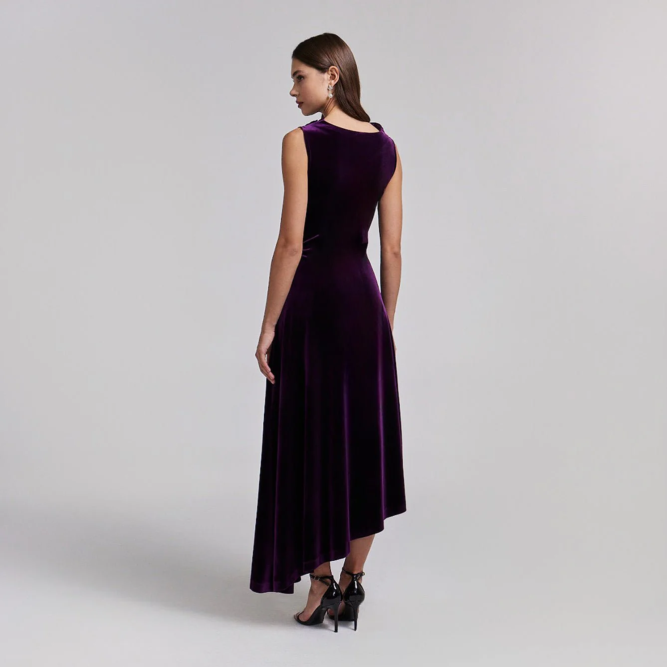 Purple Velvet Midi Dress With Asymmetric Skirt - Image 3