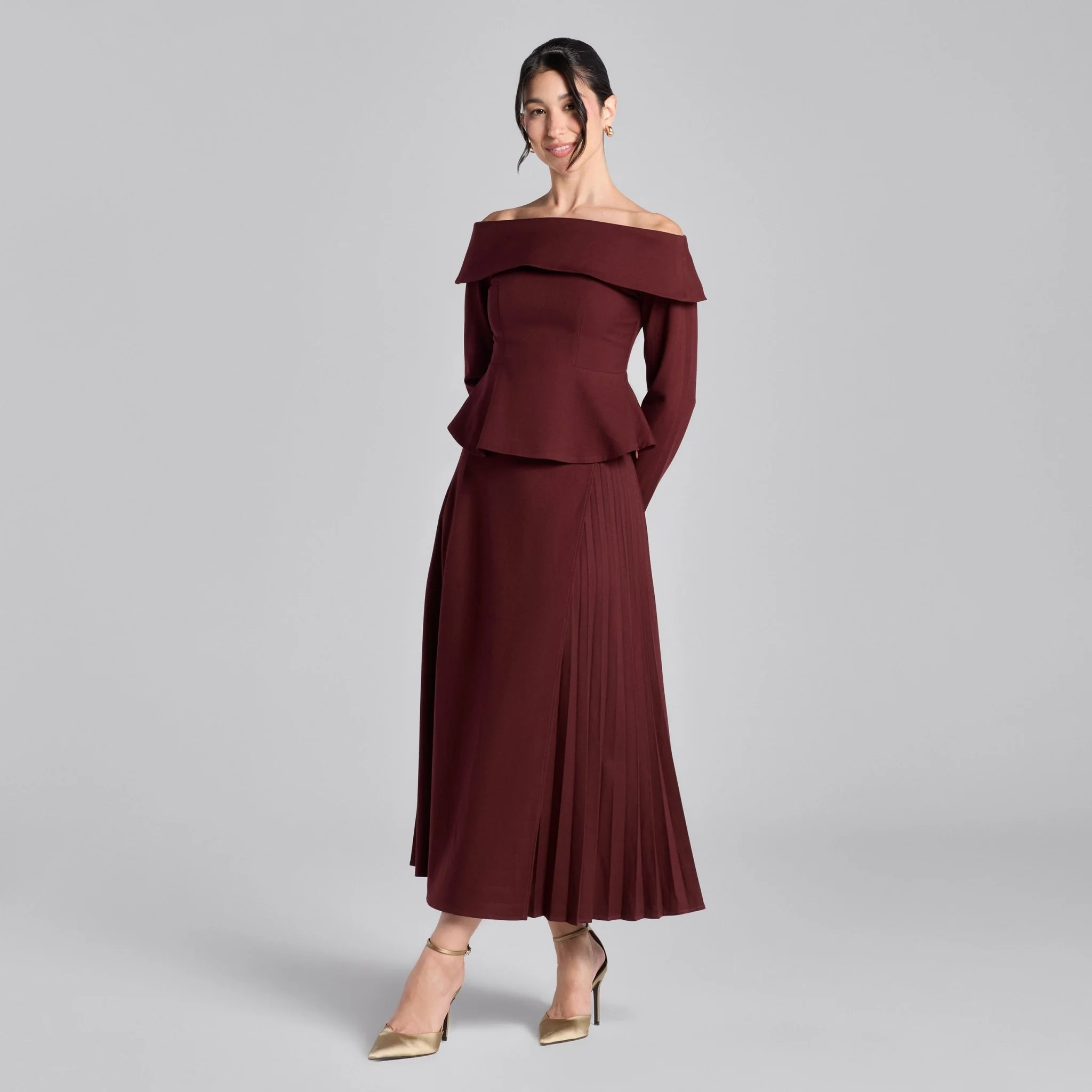 Burgundy Off-Shoulder Wool Peplum Top - Image 4