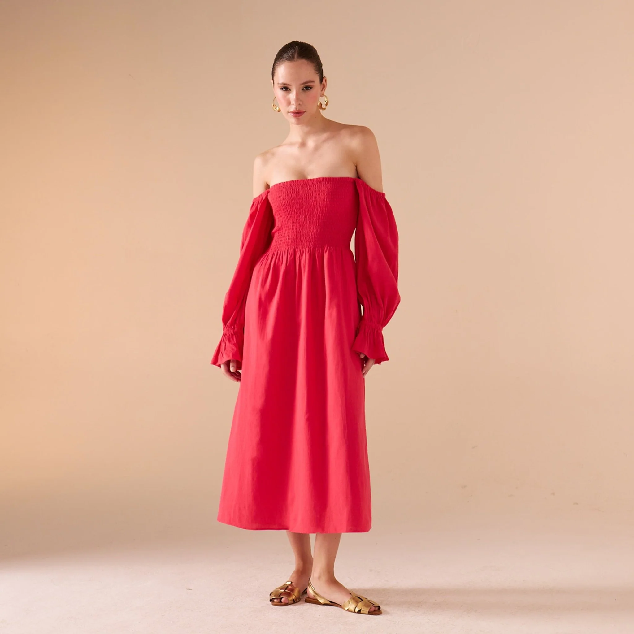 Smocked-Bodice Poet-Sleeve Midi Dress in Linen Cotton Blend - Image 3