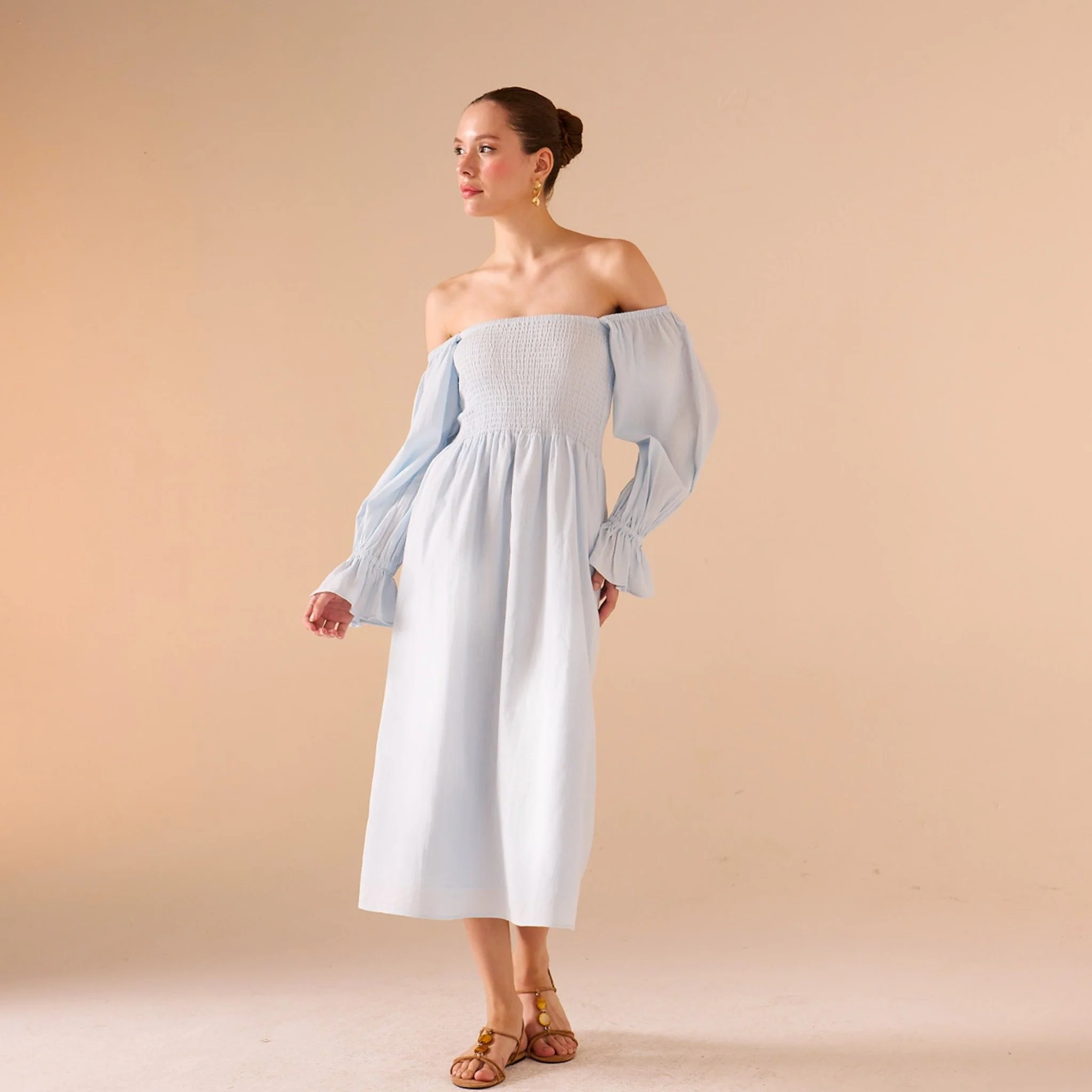 Smocked-Bodice Poet-Sleeve Midi Dress in Linen Cotton Blend - Image 6