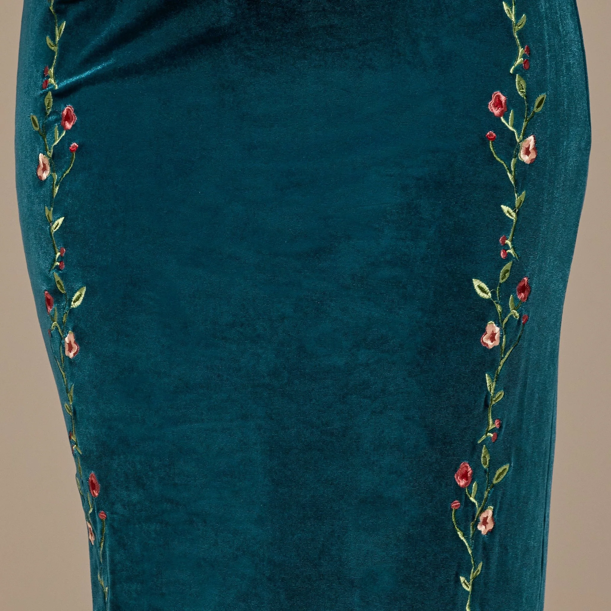 Teal Off-Shoulder Embroidered Organza & Velvet Dress - Image 3