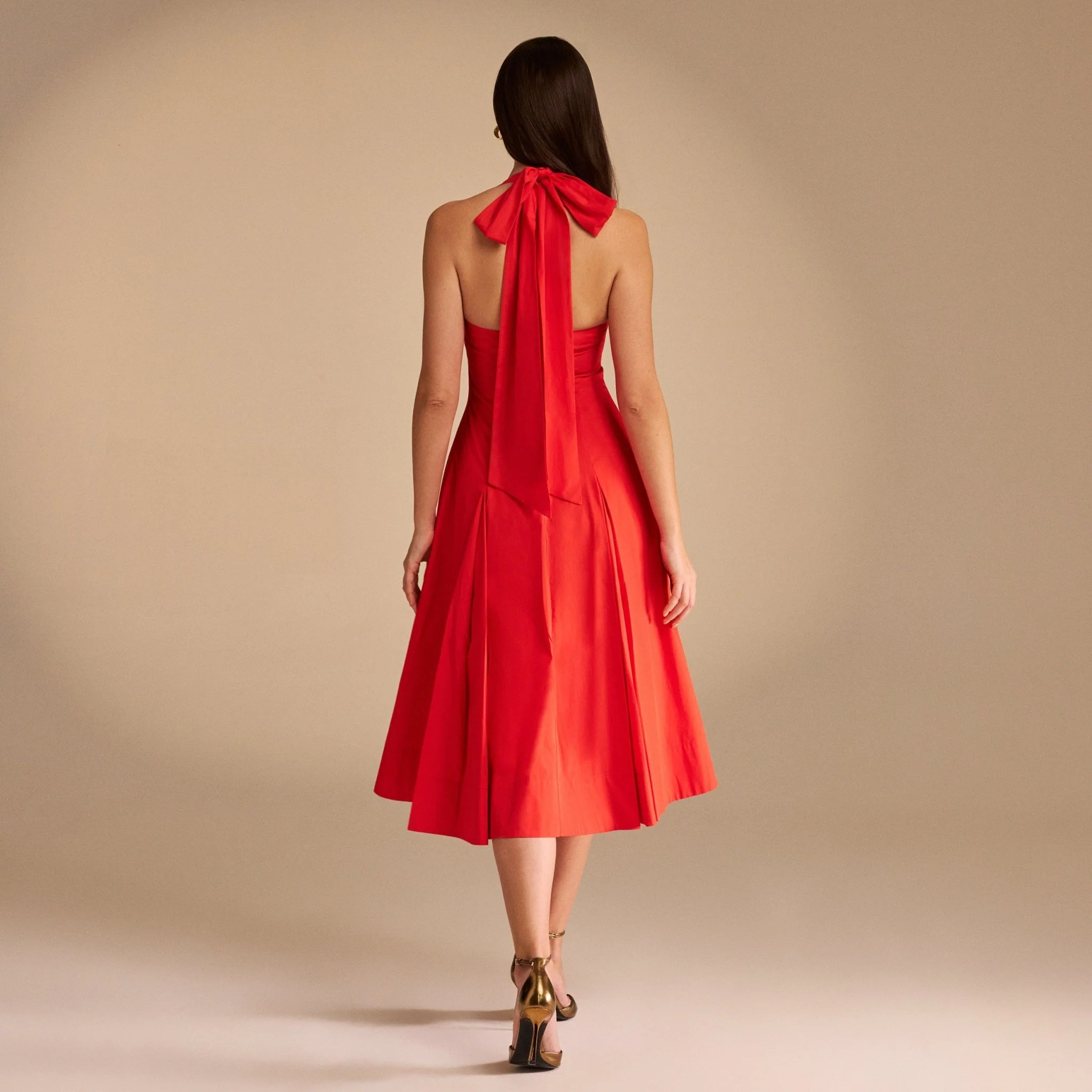 Tie Halter Neck A-Line Poplin Midi Dress - Image 3