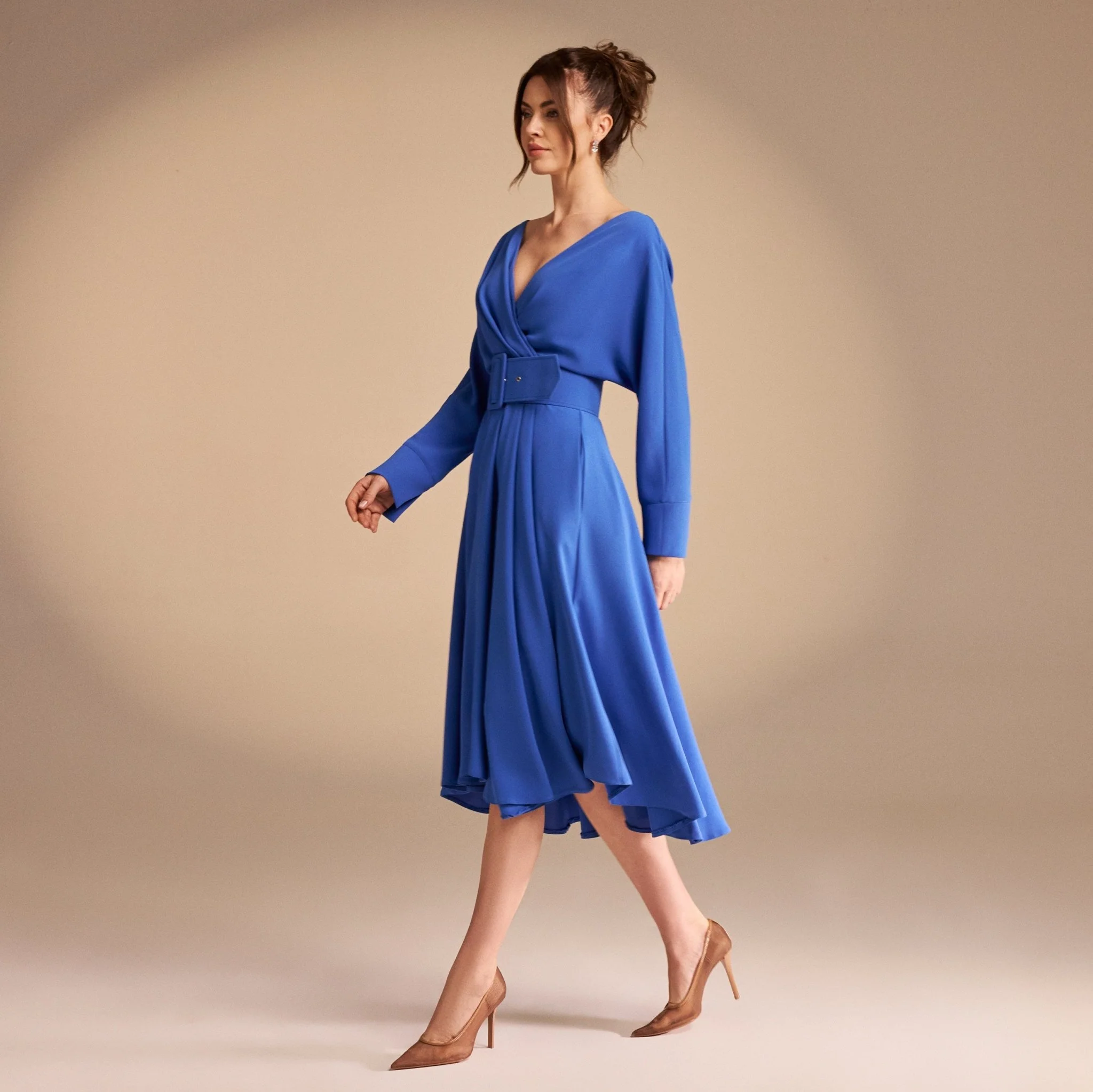 Blue V-Neck Long Sleeve Midi Dress - Image 3