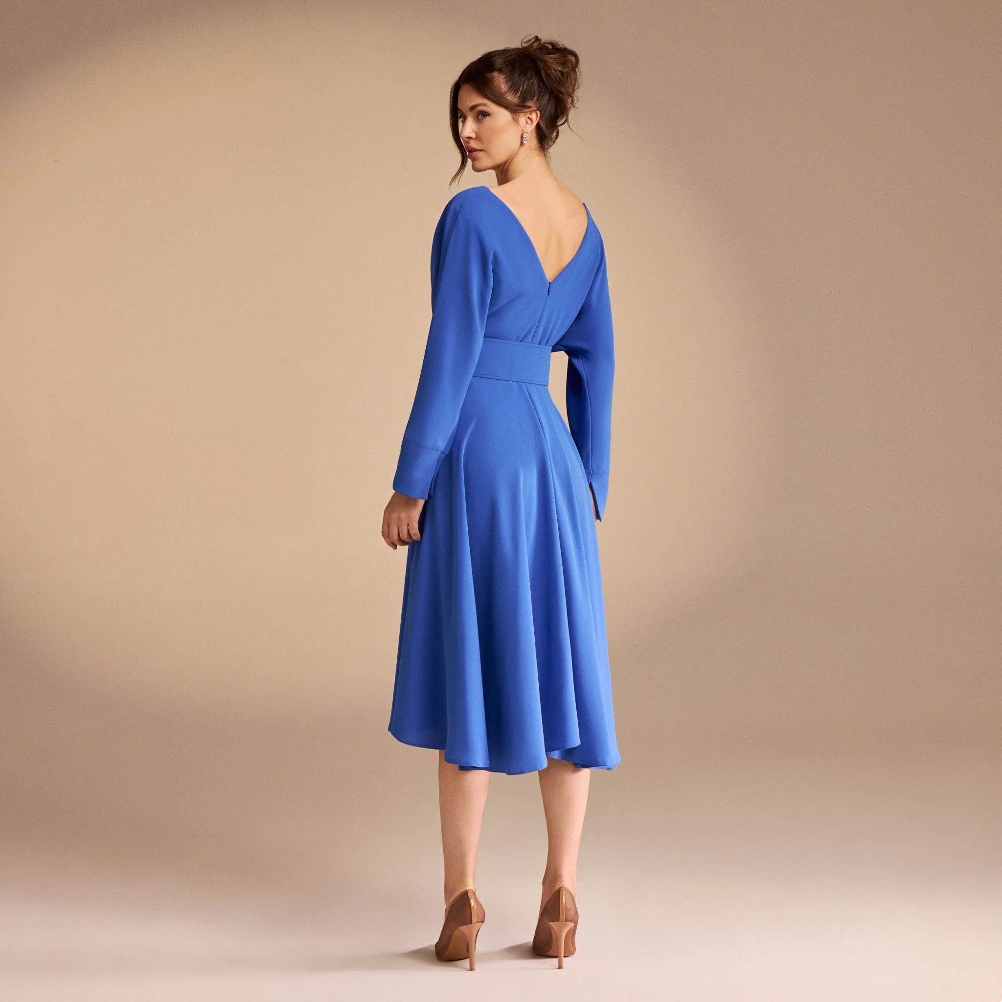 Blue V-Neck Long Sleeve Midi Dress - Image 4